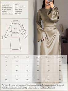 Vestido casual de primavera para mujer, de unicolor, elegante, con cuello redondo y mangas largas de satén - Bronce - Ver 4