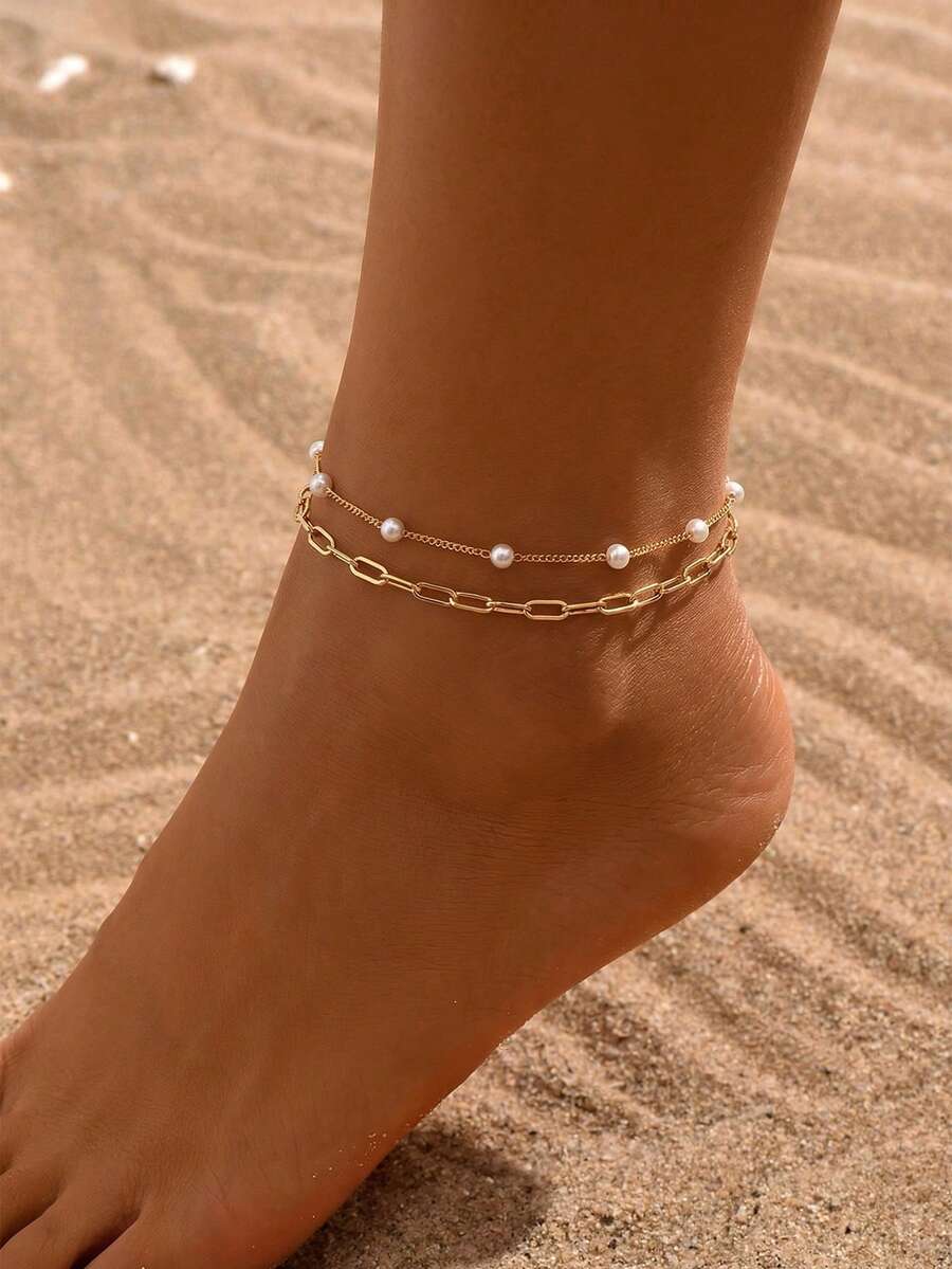 1 pieza Tobillera elegante de doble capa con perlas, adecuada para la playa, vacaciones, uso diario, fiestas, gran regalo para amigas y novias - Amarillo Oro - Ver 1