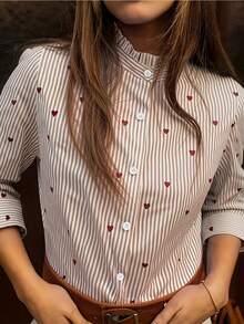 Elegant Women's Polyester Stand-Collar Long-Sleeved Shirt With Heart Print And Ruffle Design. - Multicolor - View 8