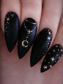 24片中长杏仁形美甲贴片，哑光黑色星空风格金色星月项链吊坠圆点设计假指甲，优雅全覆盖美甲贴片，可重复使用，适合女性日常佩戴、派对和夜间外出。 - 彩色 - 查看 8