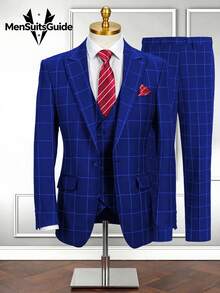 Men's Stripe 3 Piece Suit Set Slim Fit One Button Tuxedo Jacket Vest Pants For Wedding Prom Business & Formal Events - Royal Blue - View 1