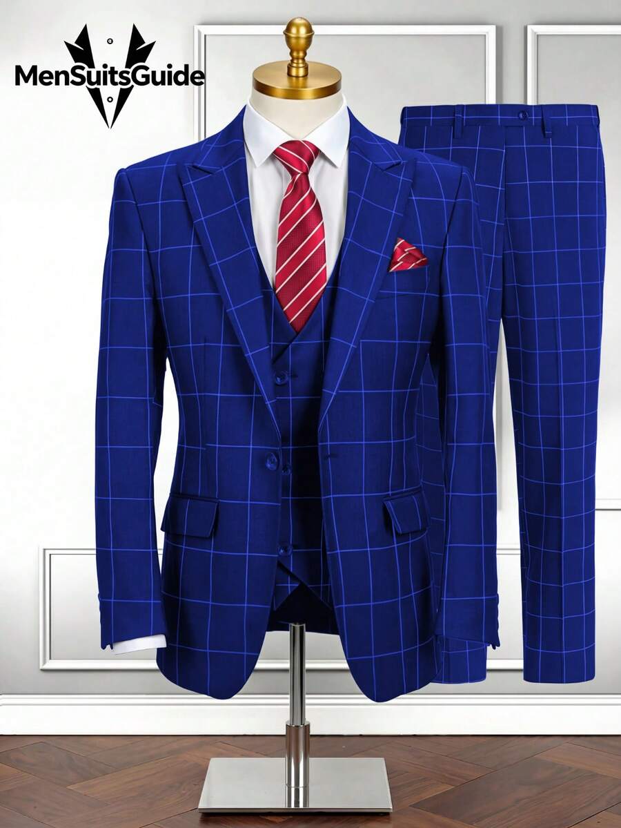 Men's Stripe 3 Piece Suit Set Slim Fit One Button Tuxedo Jacket Vest Pants For Wedding Prom Business & Formal Events - Royal Blue - View 1