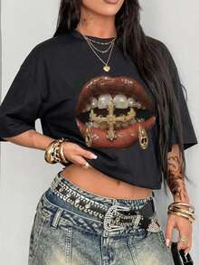 Women's Loose Graphic T-Shirt, Lips & Cross Print, Rhinestone Teeth Grillz, Y2K Hip-Hop Streetwear, Soft Breathable Fabric Casual Summer Top - Black - View 2