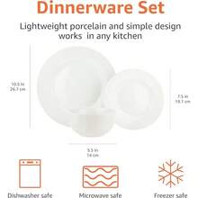 Porcelain Dinnerware Set, Microwave And Dishwasher , Service For 6, 18-Piece, Plates, Bowls, White - White - View 7