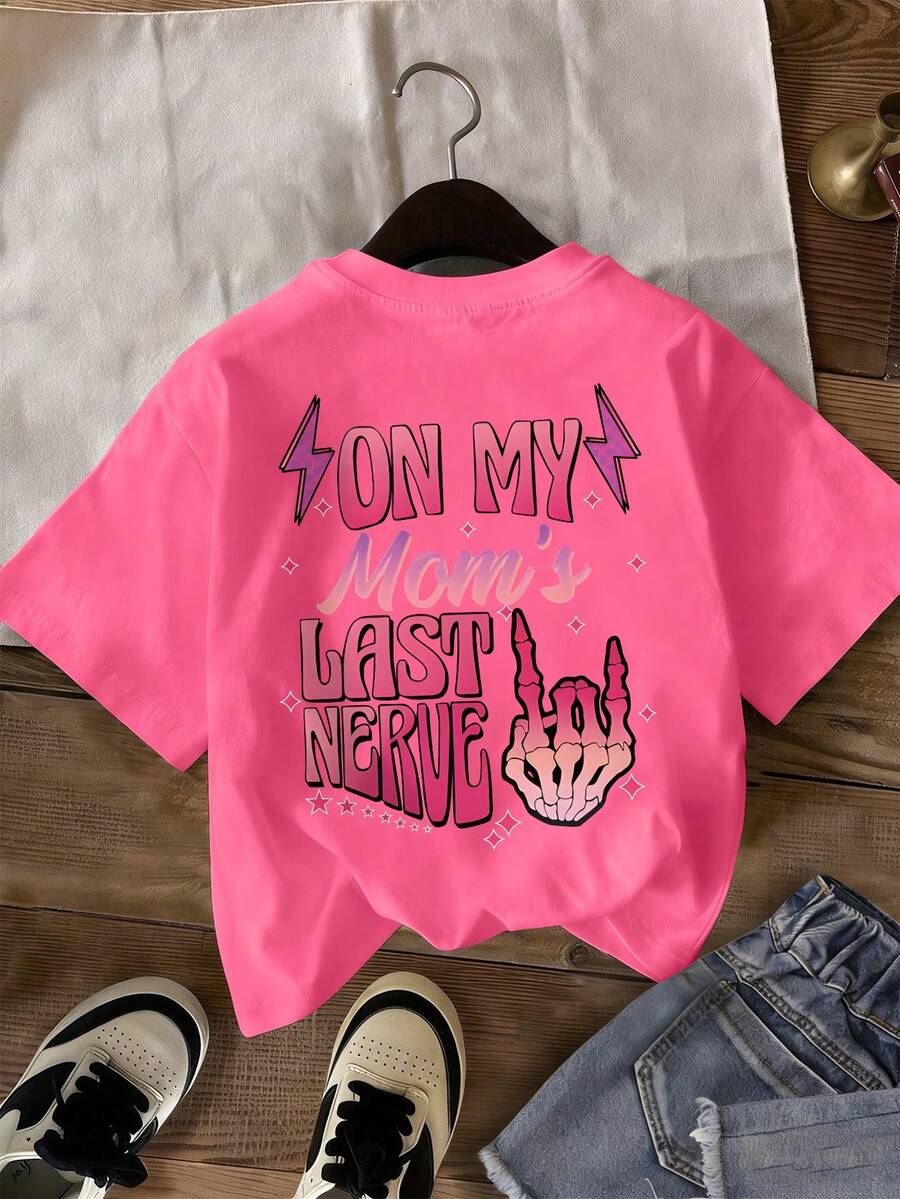Teenage Girls' Skull & Slogan Print Round Neck T-Shirt, Soft Casual Tee For Spring/Summer - Hot Pink - View 1