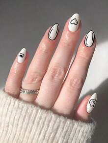 24pcs Medium Almond Shaped Nail Stickers, White French Pointed Tip, Floral Pattern, Fashionable Full Coverage, Suitable For Women & Girls Daily Wear, Summer Nail Art Nails Nail Supplies - 多色 5 - 查看 2