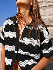 2-teiliges Damen Strandurlaubs-Set in Große Größen, schwarz-weiß gestreifter gehäkelter Badeanzug & Strandüberwurf, lässiger Hawaii-Stil, geeignet für Strandurlaub - Schwarz und Weiss - Übersicht 4