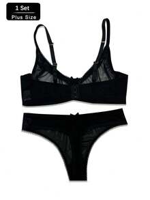 Große Größen Damen BH-Set, weicher & bequemer Unterbügel-BH und Slip Set - Schwarz - Übersicht 6