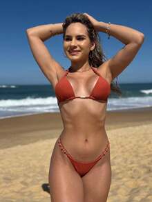 Jade Bikini With Pearls, Luxury Beach Set For Women, Summer, Bathing, And Sea - 橘色 - 查看 3