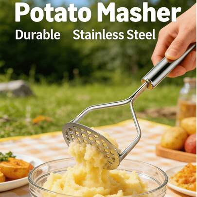 Stainless Steel Potato Masher - Durable Kitchen Tool, Creates Perfect Mashed Potatoes, Suitable For Home And Restaurant Use, Sturdy Masher Kitchen Tool, Easy To Clean Mashing Utensil, Large Potato Masher, Heavy Duty Potato Masher, Food Preparation, Cooking Utensils, Functional Masher, Stylish Kitchen Gadget - Stainless Steel Potato Ricer With Non-Slip Handle, Suitable For Restaurant And Home Kitchen, Efficient And Durable, Easy To Clean, Ergonomic Handle, Professional-Grade Tool