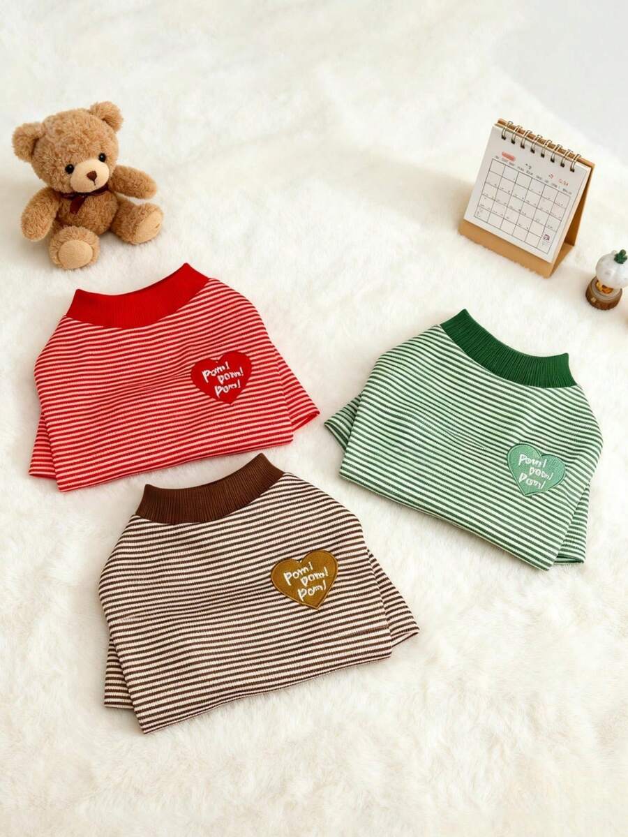 1pc Pet Lightweight Sweatshirt, New Spring/Summer Striped Sweatshirt, Heart Embroidered Logo Cat/Dog Clothes, Suitable For Poodle, Bichon Frise, Yorkshire Terrier, Chihuahua And Other Medium/Small Cats & Dogs - Multicolor - View 1