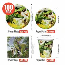 Platos, servilletas y vasos desechables con diseño de dinosaurio - Juego de suministros para fiesta de un solo uso, apto para 25 invitados, platos de papel desechables adecuados para cumpleaños, bodas, fiestas temáticas, picnics familiares - Multicolor - Ver 2