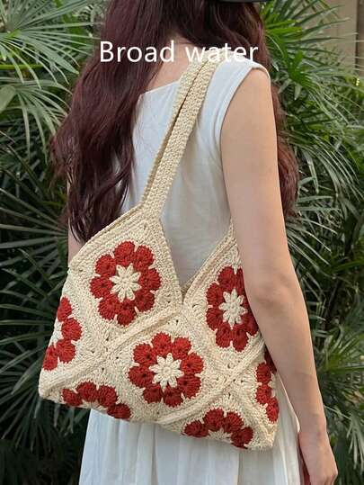 新款花卉编织包，花卉图案，女士手工钩编编织包，大容量单肩手提包，适合度假和海滩出行