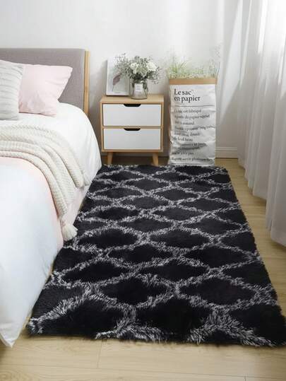 1件装保暖舒适长绒地毯，黑灰色菱形图案长绒地毯，柔软易清洁，适用于客厅、飘窗、走廊和卧室装饰，蓬松人造毛皮冬季装饰地毯，装饰地毯，卧室装饰，小地毯，地毯，家居装饰，客厅地毯，客厅小地毯，卧室地毯，客厅家居装饰，户外地毯，可水洗地毯
