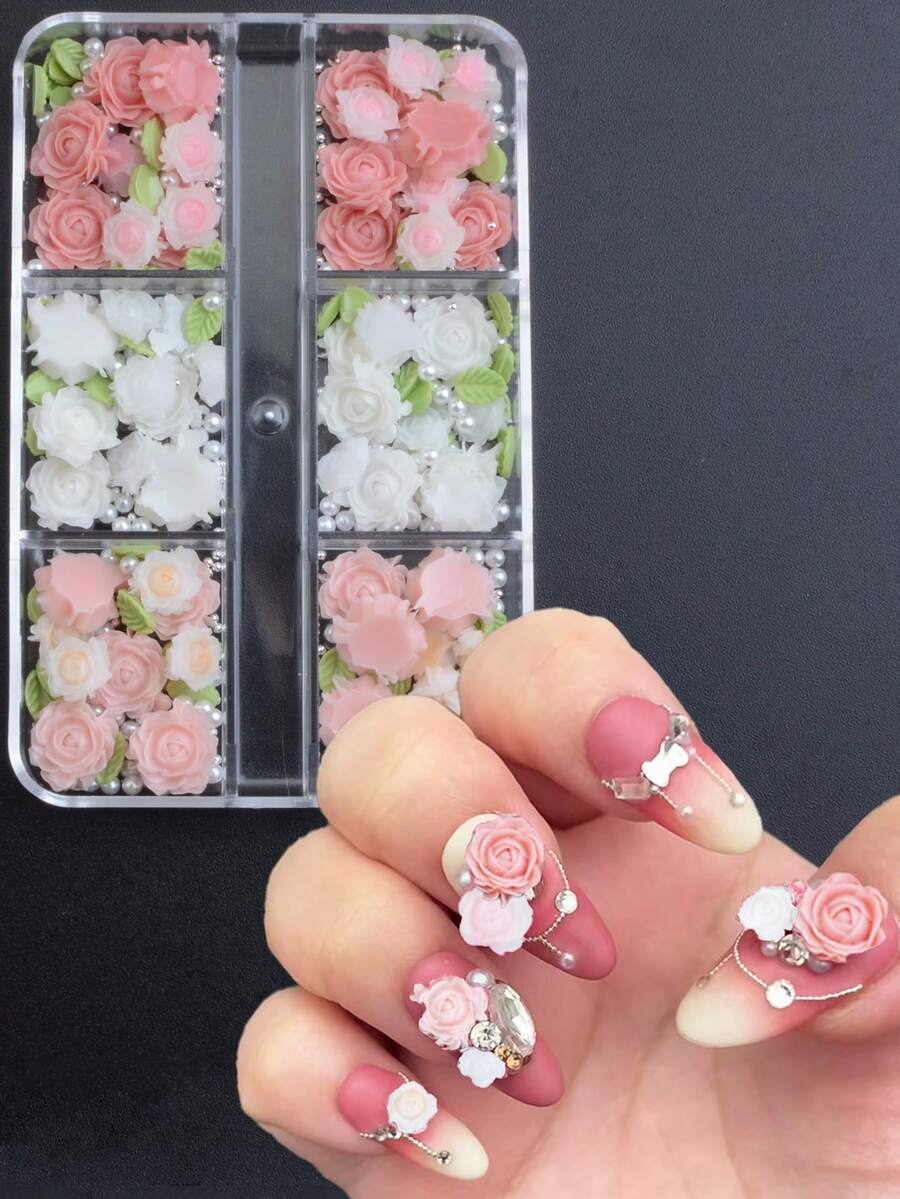 Phụ kiện trang trí móng tay 3D bằng nhựa hình hoa hồng, lá cây, ngọc trai và hạt cườm, phong cách tối giản, đa năng, dễ thương kiểu Nhật Bản - Hàn Quốc, thích hợp cho việc tự làm móng nghệ thuật, trang trí móng tay và ốp điện thoại mùa hè. - Nhiều màu - Xem 1