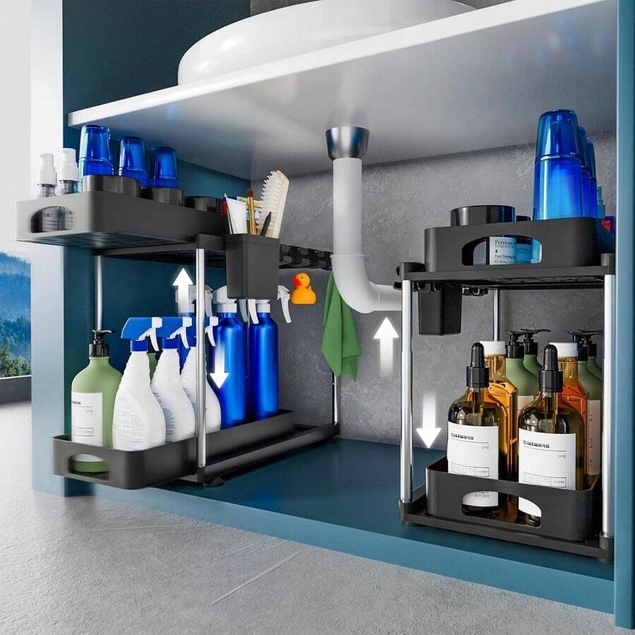 2 Pack Under Sink Organizer, 2 Tier Under Sink Organizers And Storage For Kitchen Bathroom, Height Adjustable Cabinet Organizer With Two Slide-Out Drawers - Black - View 1