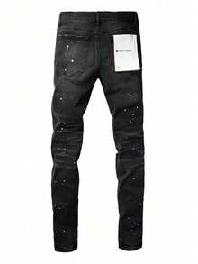 2026 Nuevos pantalones vaqueros morados de estilo americano para hombre, ajustados, elásticos, negros, rotos y ajustados, a la moda - Negro - Ver 3