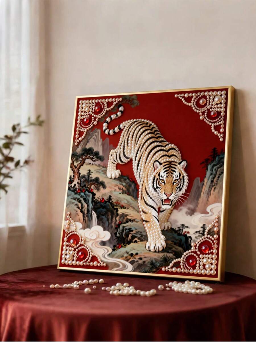 一套35*35厘米无框珍珠画老虎，新款墙面装饰，适合手工爱好者，DIY创意珍珠画套装，圆形珍珠季节性装饰，送给家人和朋友的礼物，复活节、母亲节、婚礼家居装饰、卧室装饰、艺术室装饰、母亲节礼物、成人玩具、女性