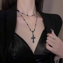 新款深色十字串珠项链，时尚长款双层项链，适合时尚女性 - 彩色 - 查看 6