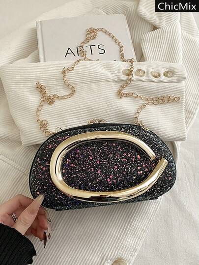 Fashionable New Mini Sparkling Sequin Exquisite Party Clutch, Elegant And Versatile Hardware Decoration Gold Chain Oval Women's Diagonal Shoulder Bag, Suitable For Shopping, Wallets, Shopping, Young Women, College Students, Newcomers, And White-Collar Workers. They Are Very Suitable For Offices, Universities, Work, Business, Commuting, Outdoor Activities, Travel, And Outings