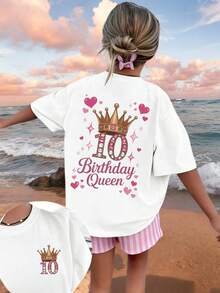 青少年女孩 - "10歲生日女王" 圖案T恤，適合活動和日常穿著 - 生日慶祝的理想禮物 - 白色 - 查看 4