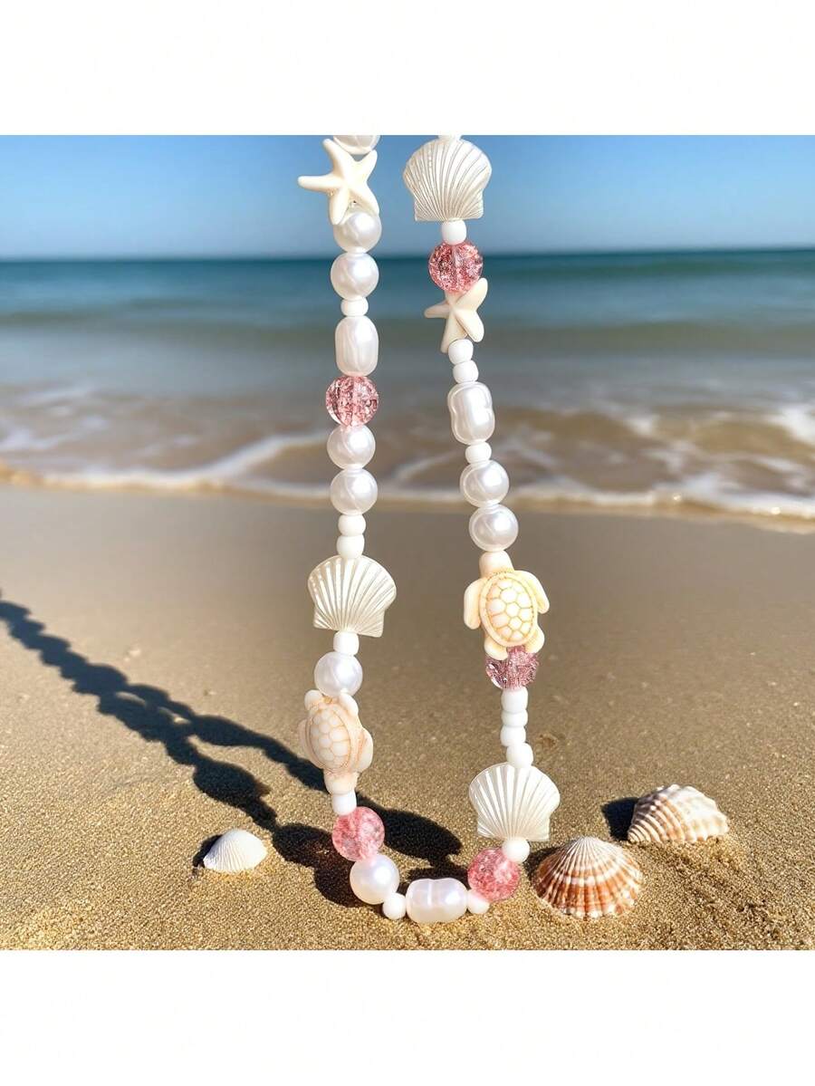 Fashionable Ocean-Themed Shell Braided Phone Lanyard, Beach Series Starfish & Turtle Beaded Phone/Camera Charm - Blue - View 1