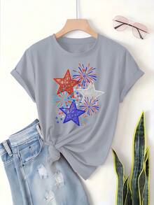 Women's Patriotic T-Shirt - Red, White, And Blue Stars With American Fireworks Design, Casual Loose Fit, Machine Washable, Fashionable Women's Top - 預設圖2 - 查看 11