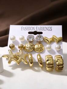 9 Pairs Fashion Gold Tone Earring Set, Minimalist Heart & Starfish Design Thick Earrings, Paired With Pearl & Crystal Stud Earrings, Versatile Jewelry For Work, Date, Night Out, Beach And More - Gold - View 3