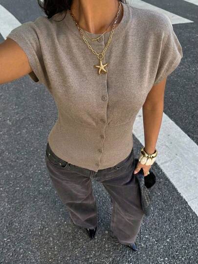 Women's Casual Minimalist Button Front Batwing Sleeve Knit Sweater Vest, Suitable For Daily Wear, All Seasons, Spring/Summer Top, Elegant Casual Outerwear