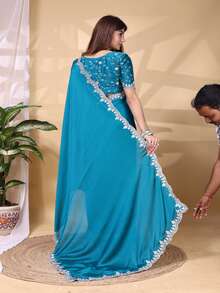 Estationeryhouse Satin Saree With Silver Embroidery With Heavy Embroidered Unstitched Blouse - Green - View 4