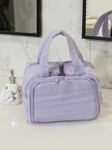 1 pieza Bolsa de aseo de unicolor de gran capacidad con doble cremallera, bolsa de cosméticos portátil para vacaciones de mujer, bolsa de maquillaje multifuncional con múltiples bolsillos y compartimentos, organizador de moda minimalista, esencial para vacaciones de verano, regreso a la escuela, bolsa de artículos de papelería, bolsa de viaje de aseo escolar - Amarillo - Ver 17