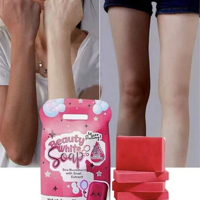 5 piezas/80g Jabón de limpieza sólido, con ácido glutámico y vitamina E, extracto de espino amarillo y de caracol, para aclarar y desvanecer manchas, limpieza suave, exfoliación leve, barra de limpieza de arroz