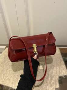 Lacquered Stylish Shoulder Handbag, Fashionable French Baguette Bag, Chic Lock Closure Shoulder Bag - Red - View 3
