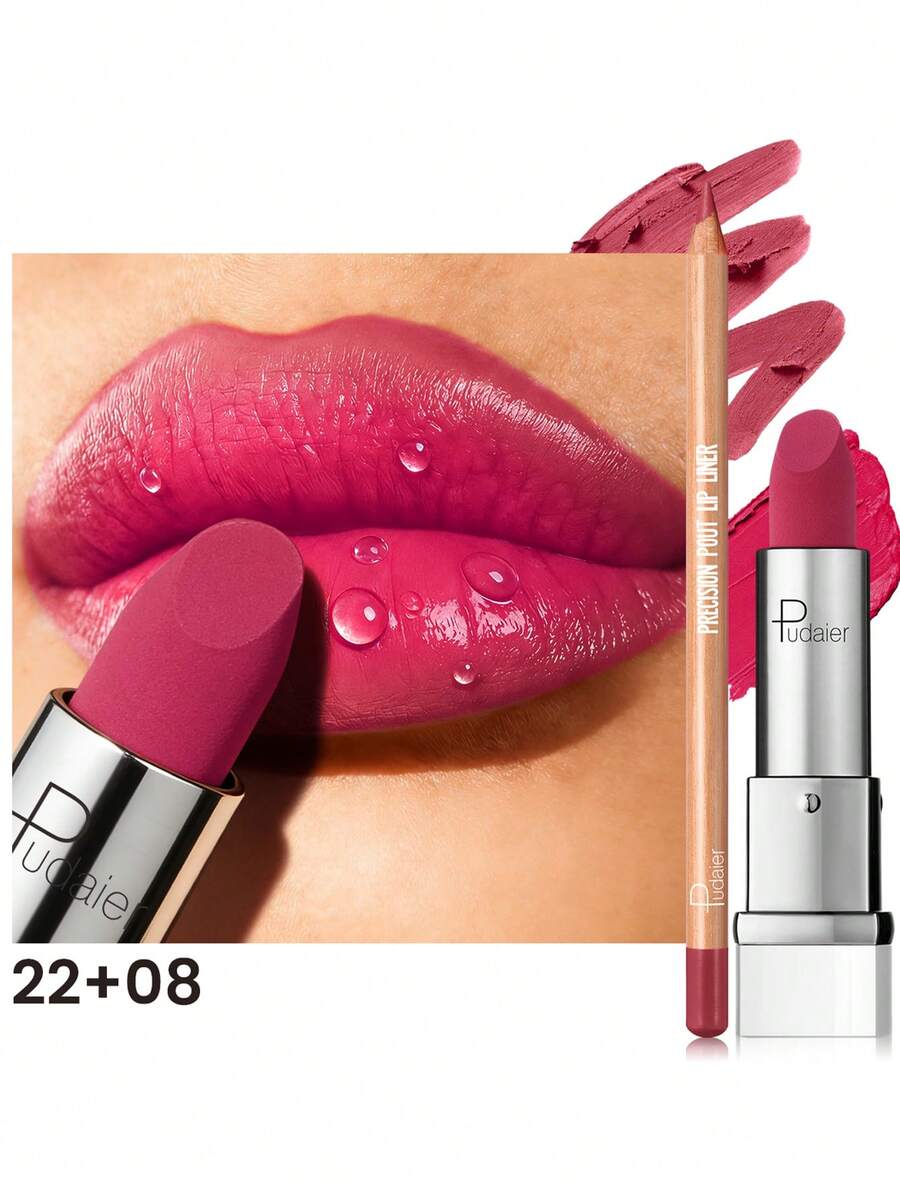 Pudaier Velvet Matte Lipstick & Lip Liner Set, Smooth Texture, Waterproof & Long-Lasting, Creates Beautiful Lip Shape, Perfect Gift For Valentine's Day Or Mother's Day - 22+08 - View 1