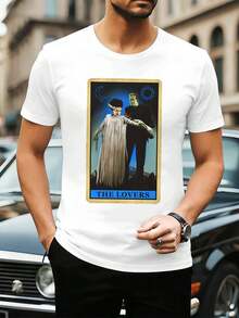 Camiseta vintage com estampa gótica para amantes, em algodão macio, modelagem solta, casual e respirável. - Branco - Ver 1