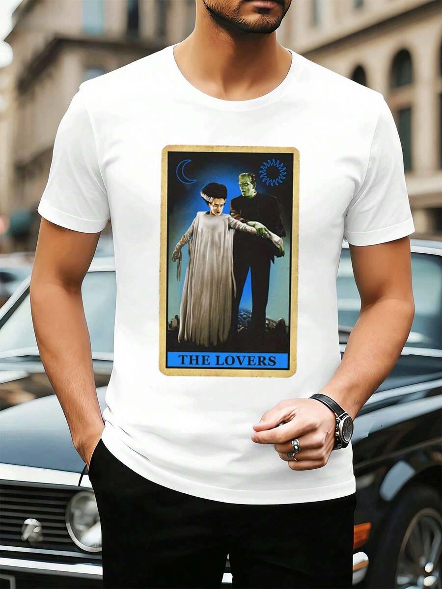 Camiseta vintage com estampa gótica para amantes, em algodão macio, modelagem solta, casual e respirável. - Branco - Ver 1