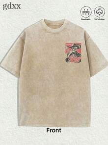 Plus-Size Vintage Washed T-Shirt, Cowboy Skull Smoking Pipe Graphic T-Shirt, Loose Fit, 230g Pure Cotton Men's T-Shirt, A Surprise Gift For Friends - 杏色 - 查看 2