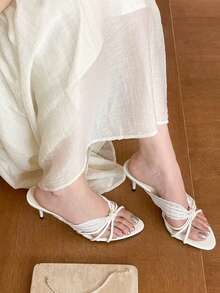 Sandal Selop Wanita Bertumit Tipis dengan Tali Ujung Terbuka, Sepatu Gaun Musim Panas Terbaru - Putih - View 9