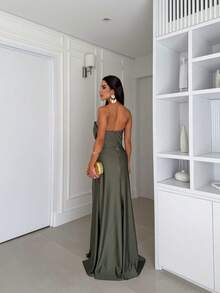 Long Strapless Formal Dress With An Elegant Knot, Perfect For Bridesmaids, Graduation, Or Weddings. - Màu xanh Ô liu - Xem 4