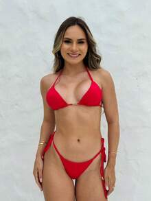 Zoe Triangle Bikini Set With Tie-Side Bottoms, Luxury Beachwear For Women, Summer, And Swimming. - Red - View 6