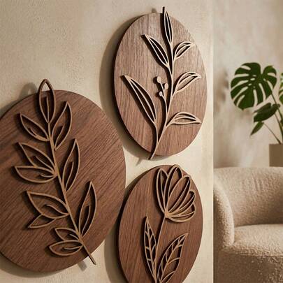 Kit Trio Quadros Redondos Decorativos Moderno Decoração Mdf Flor Folhagem