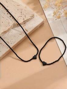 两件套优雅波西米亚风心形水晶项链和手链套装，适合女性日常佩戴、派对和度假，也是情人节礼物的理想之选。 - 黑色 - 查看 4