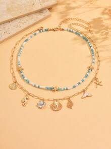 2pcs/Set Bohemian Island Style Ocean Creature Pendant Necklace, Handmade Beaded Choker Necklace, Fashionable Jewelry Set For Women, Suitable For Daily Wear, Beach, Party, Music Festival. The Handmade Chain Can Be Customized In Length. - Multicolor - View 1