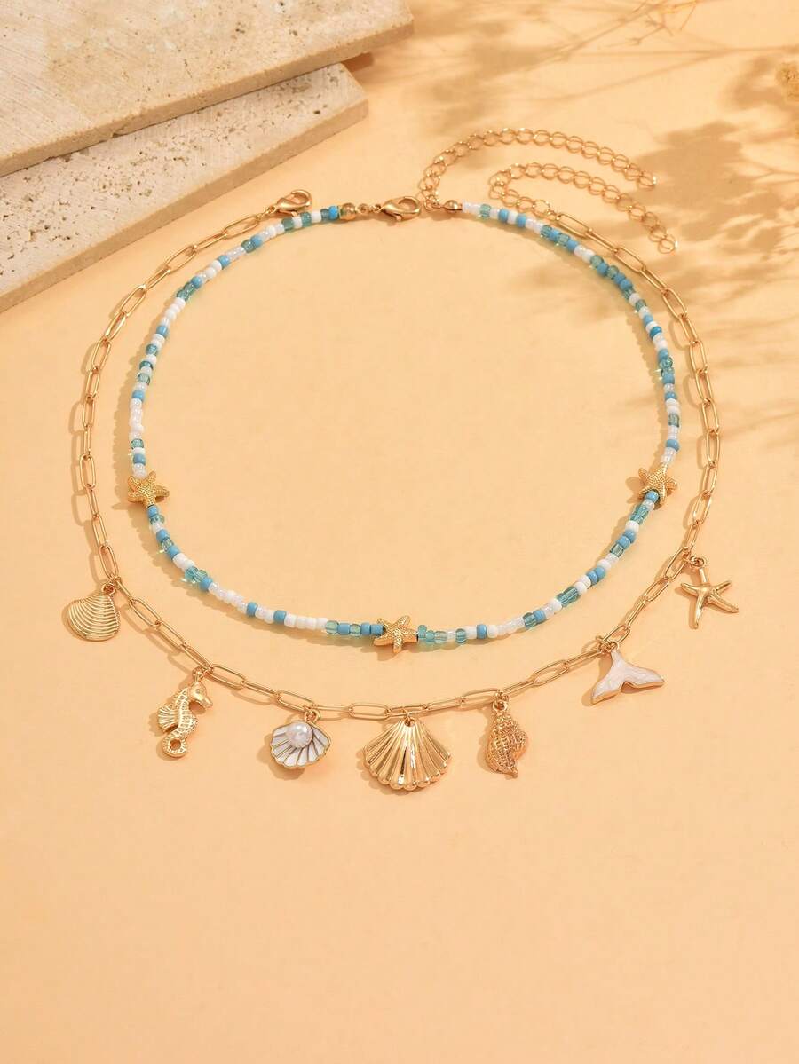 2pcs/Set Bohemian Island Style Ocean Creature Pendant Necklace, Handmade Beaded Choker Necklace, Fashionable Jewelry Set For Women, Suitable For Daily Wear, Beach, Party, Music Festival. The Handmade Chain Can Be Customized In Length. - Multicolor - View 1