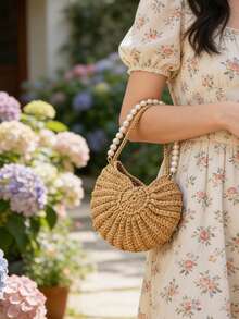 Crochet Shell Straw Bag With Pearl Chain, Bohemian Woven Crescent Handbag, Detachable Faux Pearl Strap Beach Bag For Summer, Ideal For Vacation, Wedding & Daily Outfits, Suitable For Women, Brides & Fashion Enthusiasts, Perfect For Spring Break, Beach Trips & Gifting, Versatile As Shoulder Bag, Clutch & Bridal Accessory - Multicolor - View 3