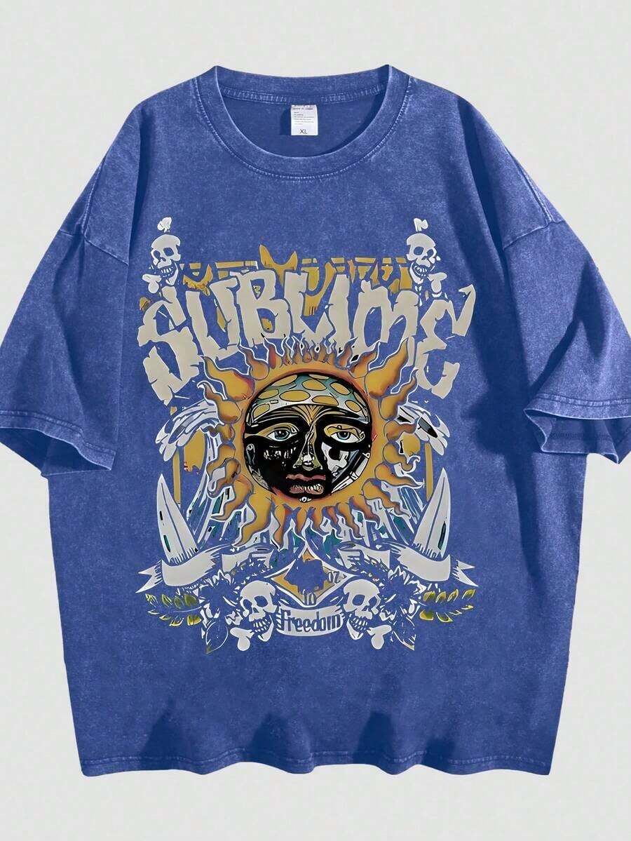 Retro Sun Face Skull Print, SUBLIM Band Style Free Theme Loose Short Sleeved Shirt Vintage Washed CottonT-Shirt Crew Neck Soft Tee For Men Women - 藍色 02 - 查看 1