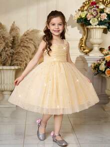 Elegant Ruffle Mesh Backless Bowknot Dress For Young Girls, Suitable For School Dance, Birthday Party, Without Headband - Champagne - View 2