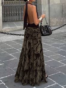 Falda asimétrica de verano con estampado de flores de anacardo vintage, de malla transparente y cintura baja con drapeado - Marrón - Ver 11