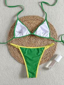 2025新款欧美女士性感时尚格子印花露背系带三角比基尼上衣和侧系带泳裤两件套，夏季海滩度假 - 黃色 - 查看 6