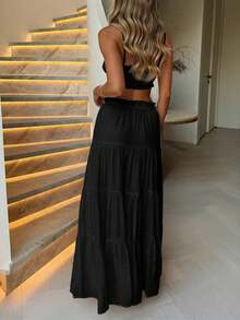 Look-Polly 女士优雅夏季婚礼活动两件套，性感吊带露脐修身上衣，优雅A字裙，适合派对和度假的沙滩连衣裙套装 - 黑色 - 查看 3